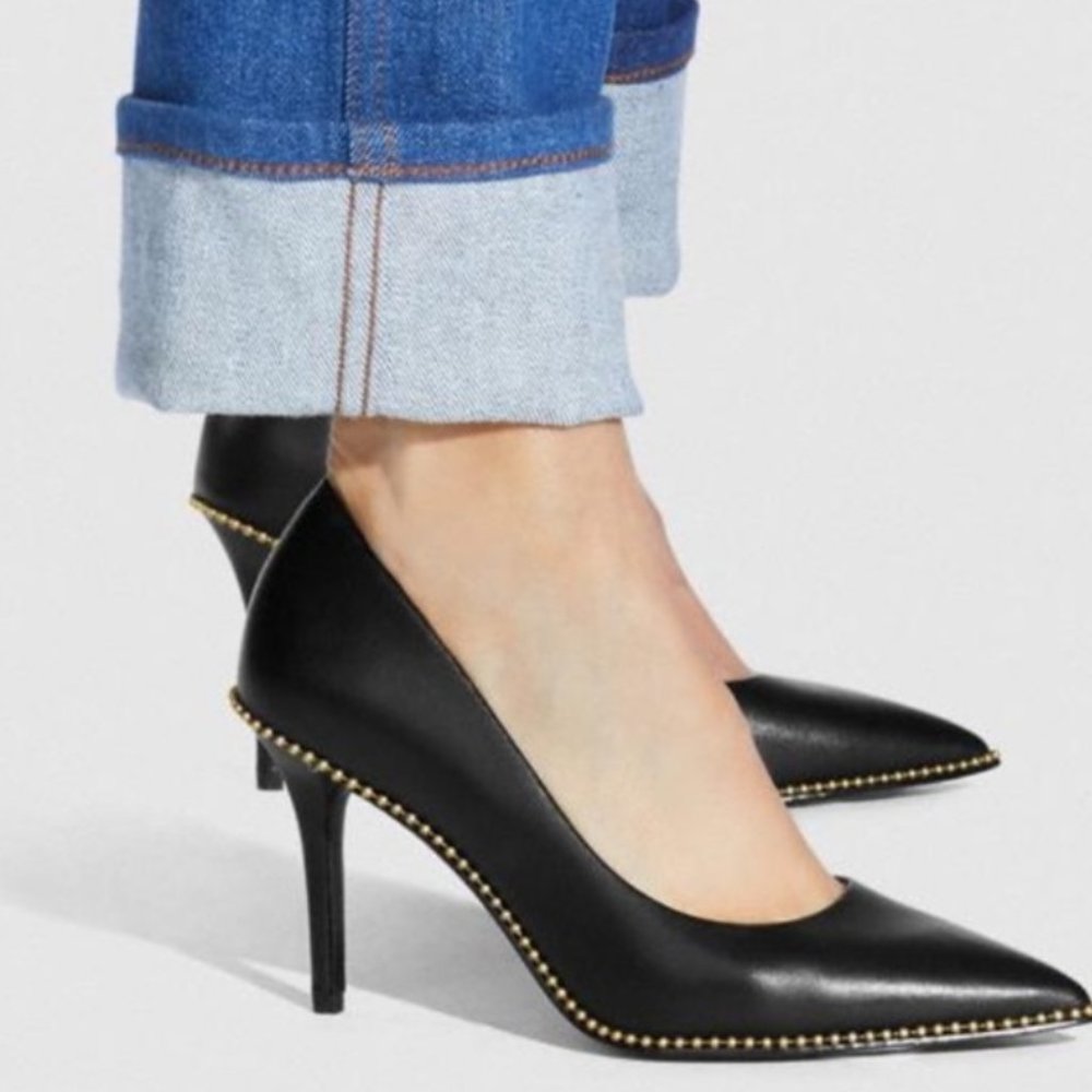 Coach Waverly Beadchain Leather Heels Pointed Toe Pump High Heel Shoes Black 5.5